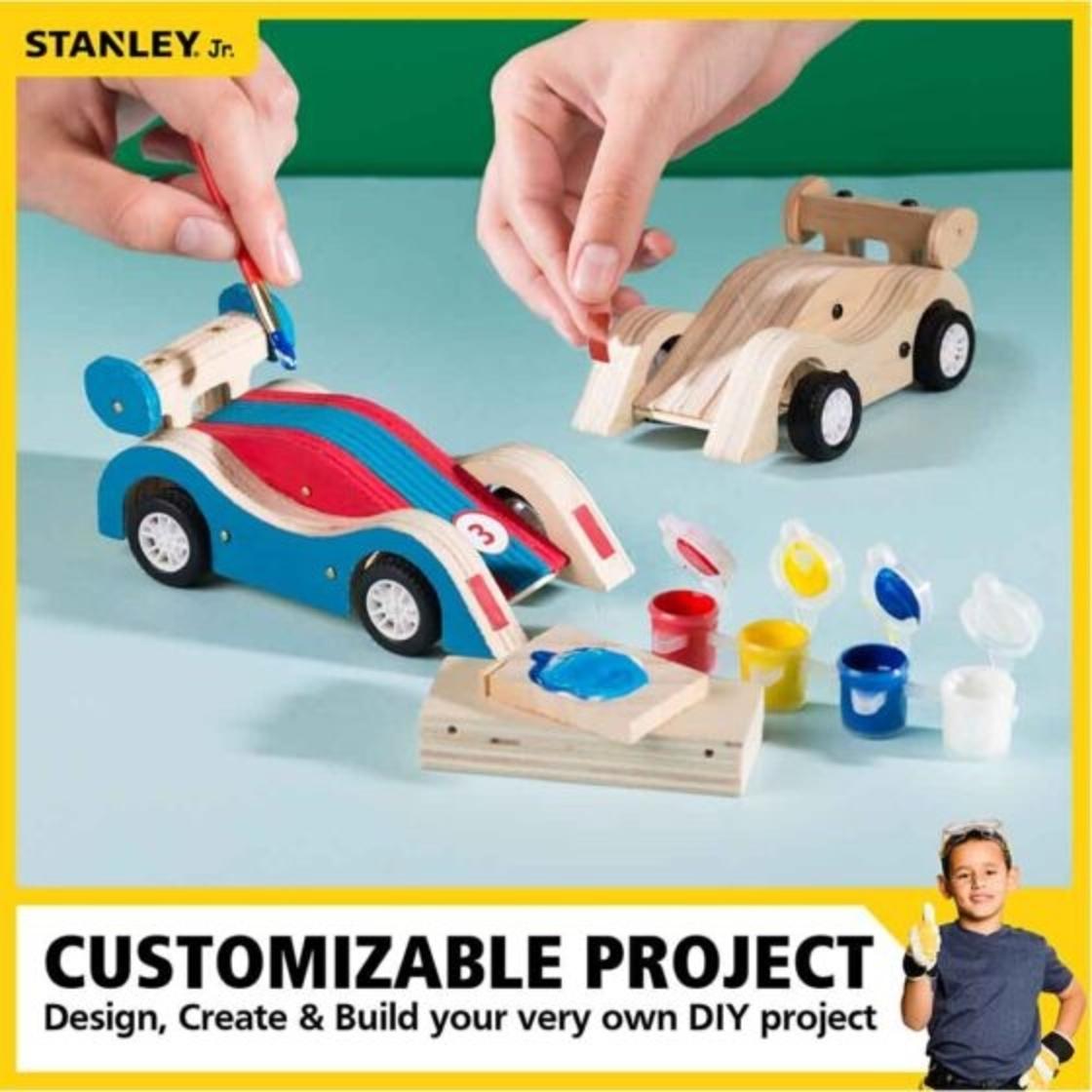 The Stanley Jr DIY Pull Back Race Car is perfect for racing with your friends and family. Simply build the kit, paint it, pull back and race!  Each build a race car kit includes pre-cut wood pieces, plastic race car parts, decals, and screws and nails. Little crafters will fall in love with their finished project and enjoy a sense of accomplishment when they play with a wooden toy race car that they have created using their own imagination and skill!